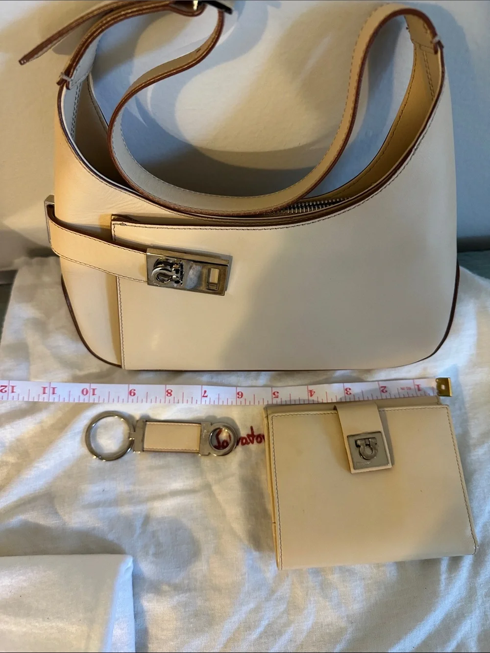 Vintage Salvatore Ferragamo Beige Leather Bag with wallet and keychain holder
